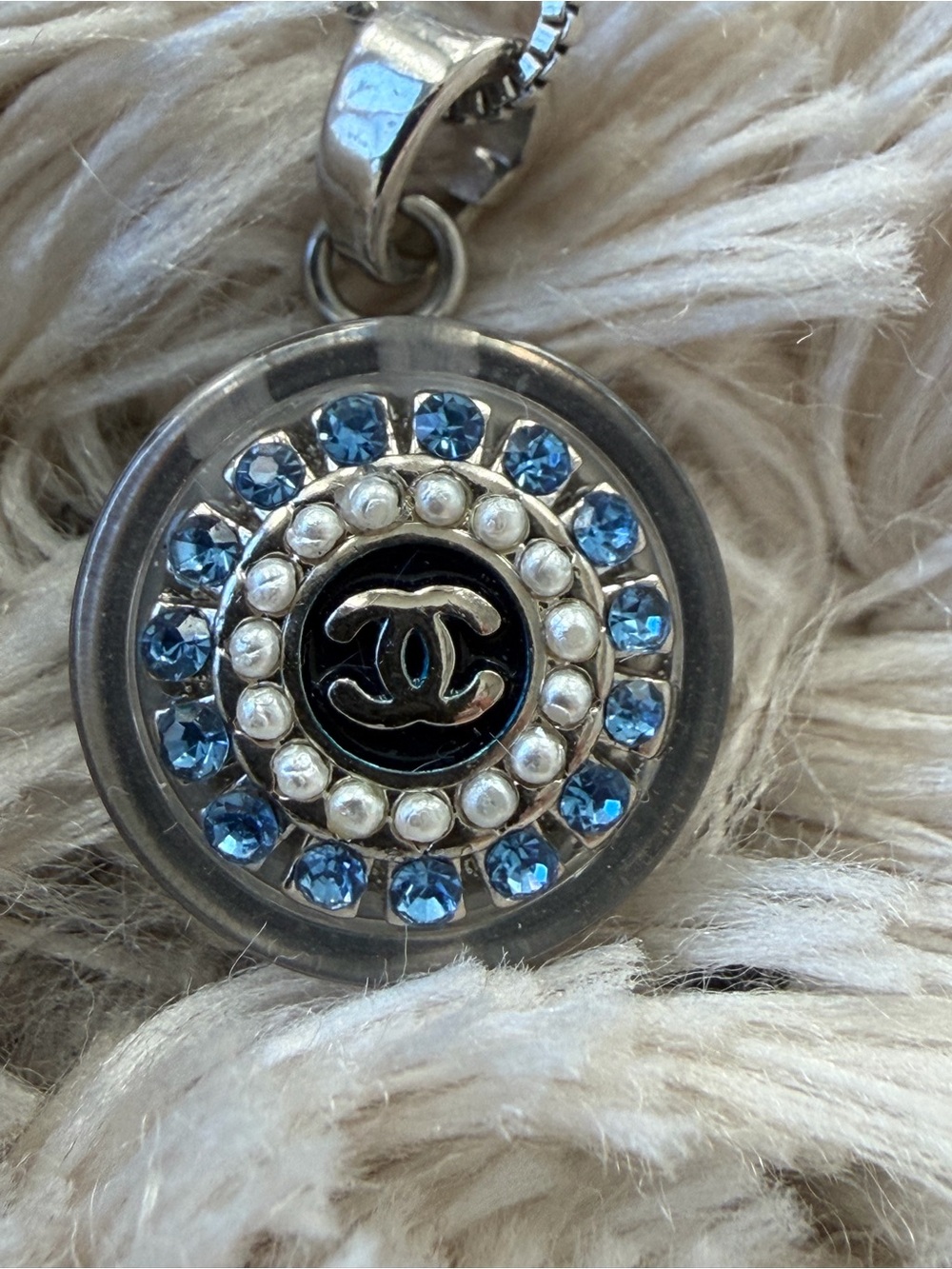 Chanel Crystal & Pearl Round Pendant Necklace Sterling Silver